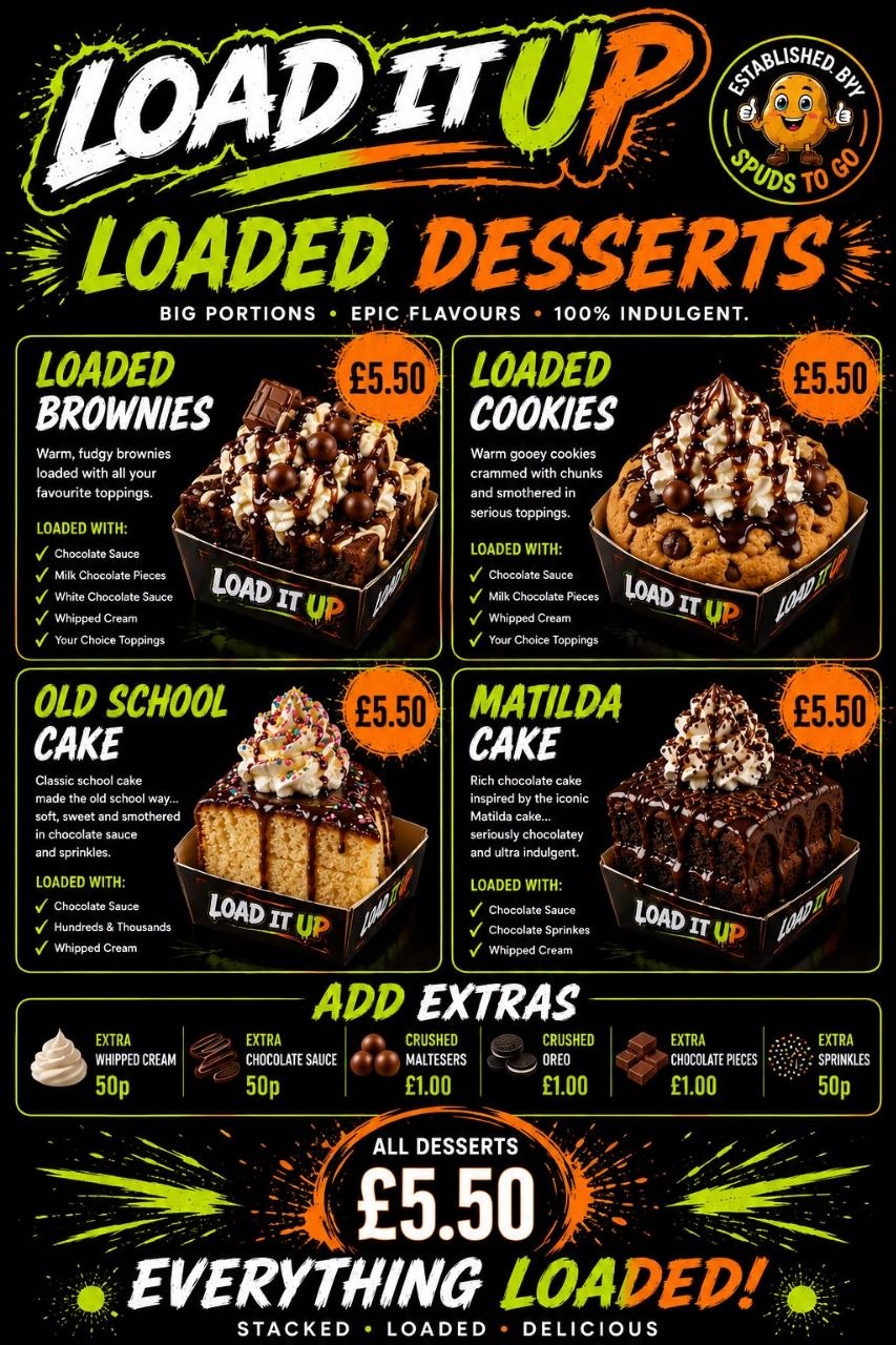 Load It Up dessert menu artwork showing the full loaded dessert range