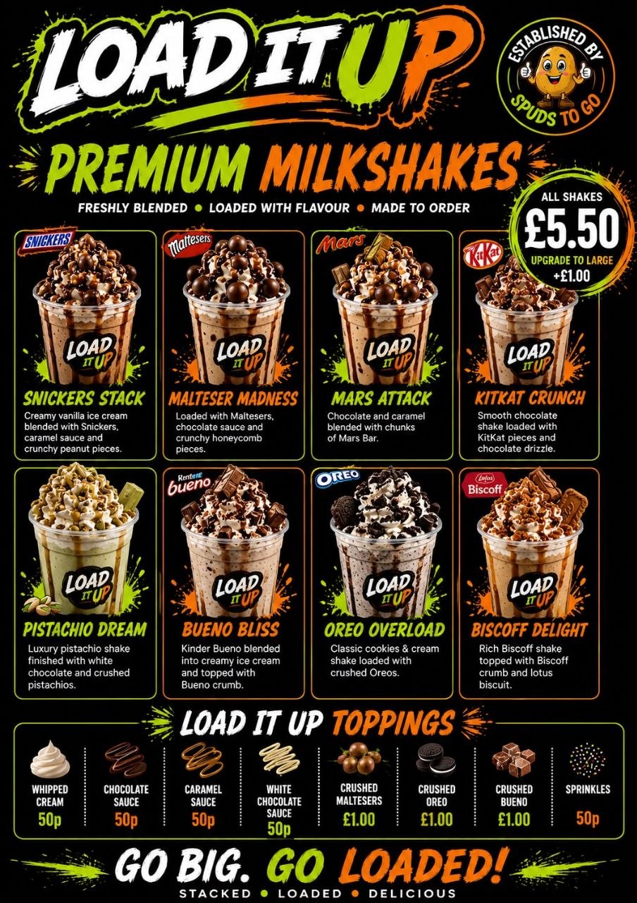 Load It Up premium milkshake menu featuring Snickers Stack, Malteser Madness, Mars Attack and Biscoff Delight